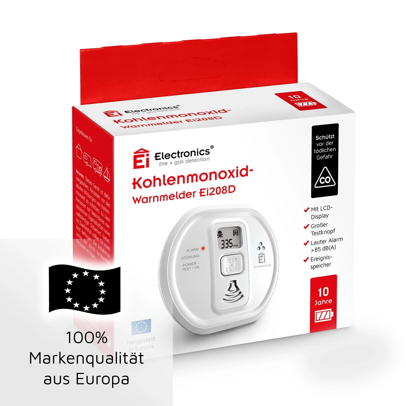 Kohlenmonoxid-Warnmelder Ei208D, 10 Jahre, Markenqualität aus Europa
