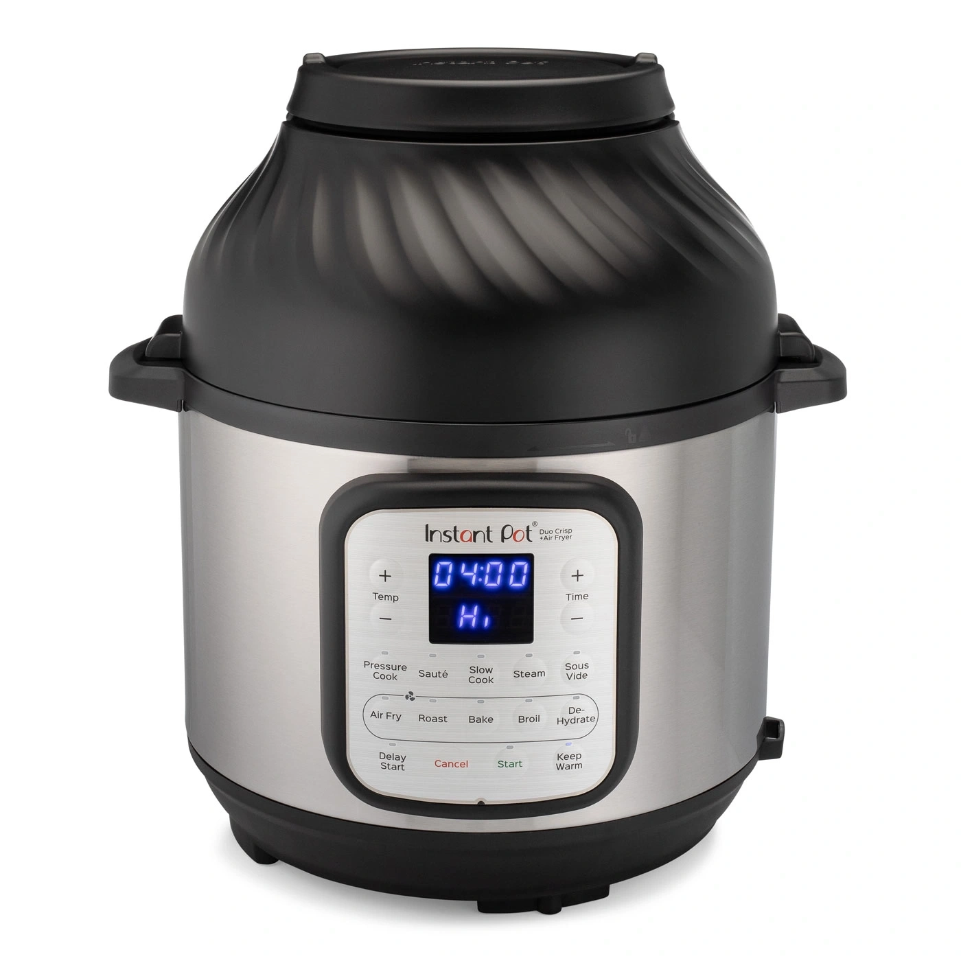 Ein moderner silberner und schwarzer Instant Pot Duo Crisp Heißluftfritteusen-Multikocher mit blauem Digitaldisplay und verschiedenen Kochfunktionen.