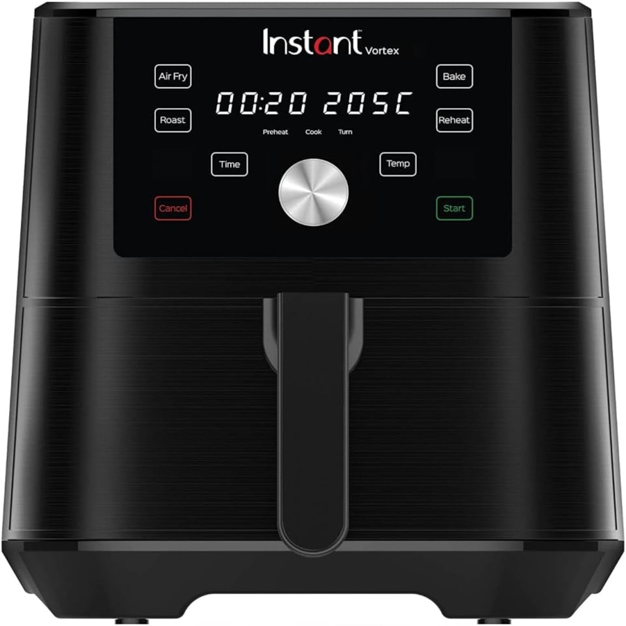 Instant Vortex Airfryer mit Bedienfeld, Zeit- und Temperatureinstellungen.