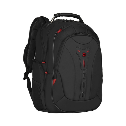 Schwarzer Rucksack mit roten Akzenten und Logo, ideal für Reisen und Alltag.