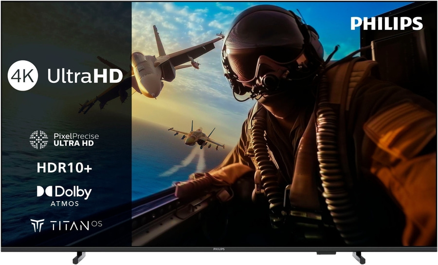 Philips Fernseher mit 4K UltraHD, HDR10+, Dolby Atmos und Titan OS. Bild von Kampfflugzeugen.