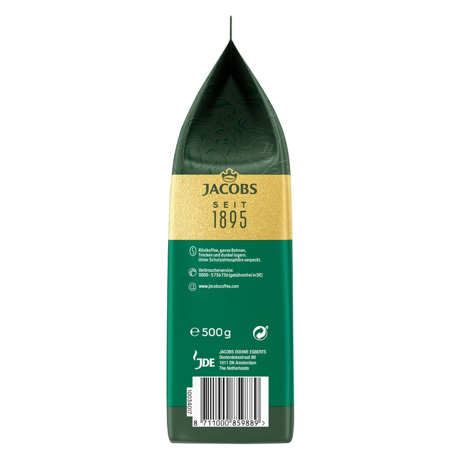 Kaffeepackung von Jacobs, 500g, ganze Bohnen, dunkel lagern, Jacobs Douwe Egberts, Niederlande.