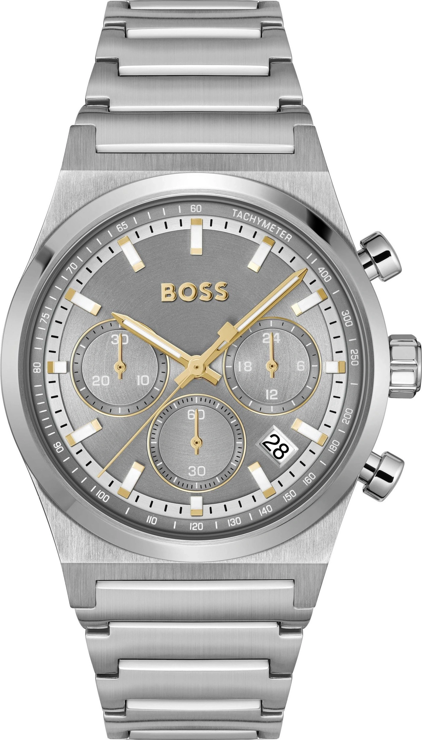 Edle BOSS Armbanduhr mit silbernem Zifferblatt und goldenen Akzenten auf einem Metallarmband