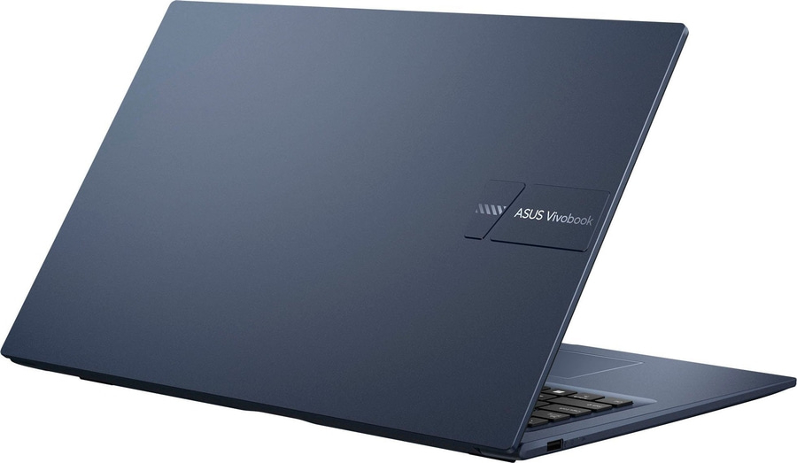 Blauer Laptop mit ASUS Vivobook-Logo, geöffnet auf weißem Hintergrund.