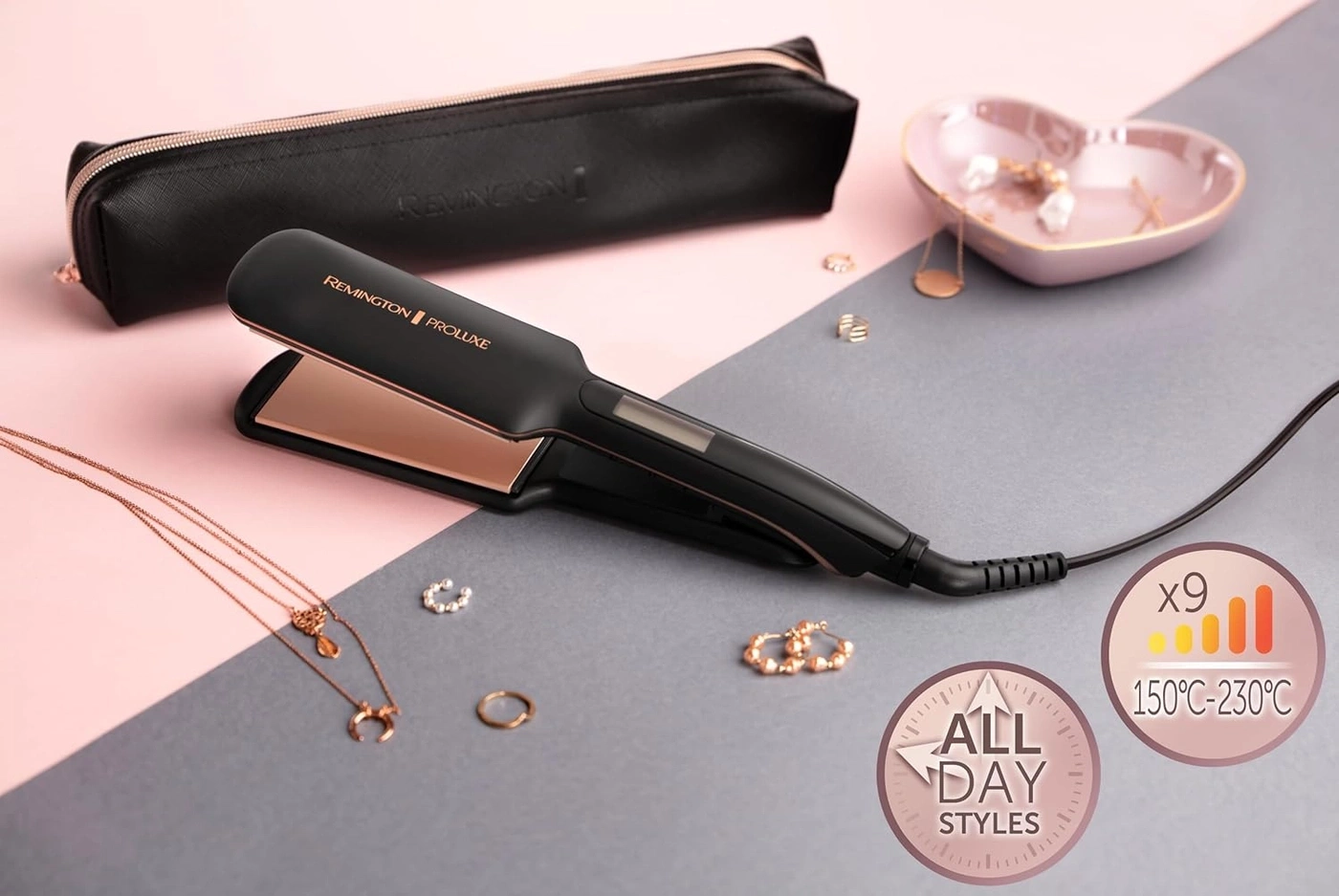 Haarglätter, Schmuck, Etui, rosa und grauer Hintergrund, All-Day-Styles