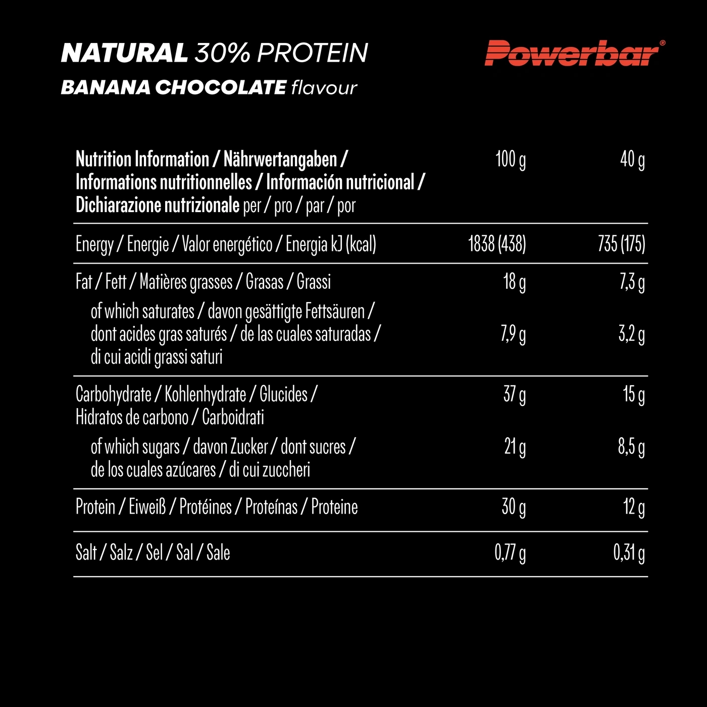 Nährwertangaben für Powerbar Natural Protein Banane Schokolade Geschmack.