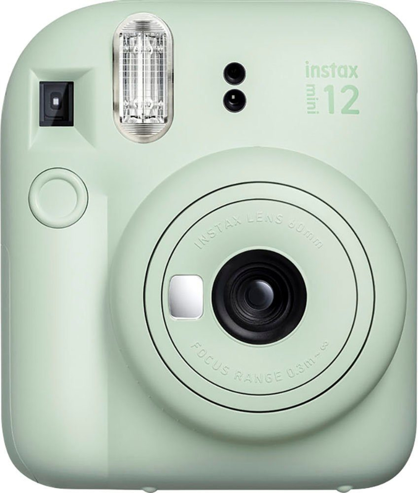 Hellgrüne Instax Mini 12 Kamera mit Blitz und Objektiv, Nahaufnahme.