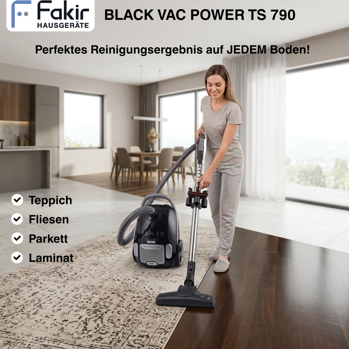 Frau saugt mit Fakir Staubsauger auf Teppich und Parkettboden.