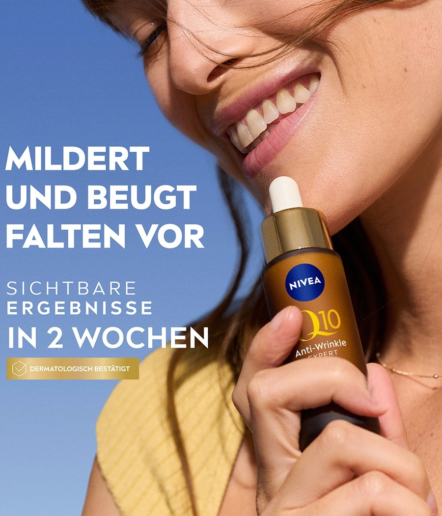 Nivea Q10 Anti-Falten-Serum, zeigt Ergebnisse in 2 Wochen, dermatologisch bestätigt.