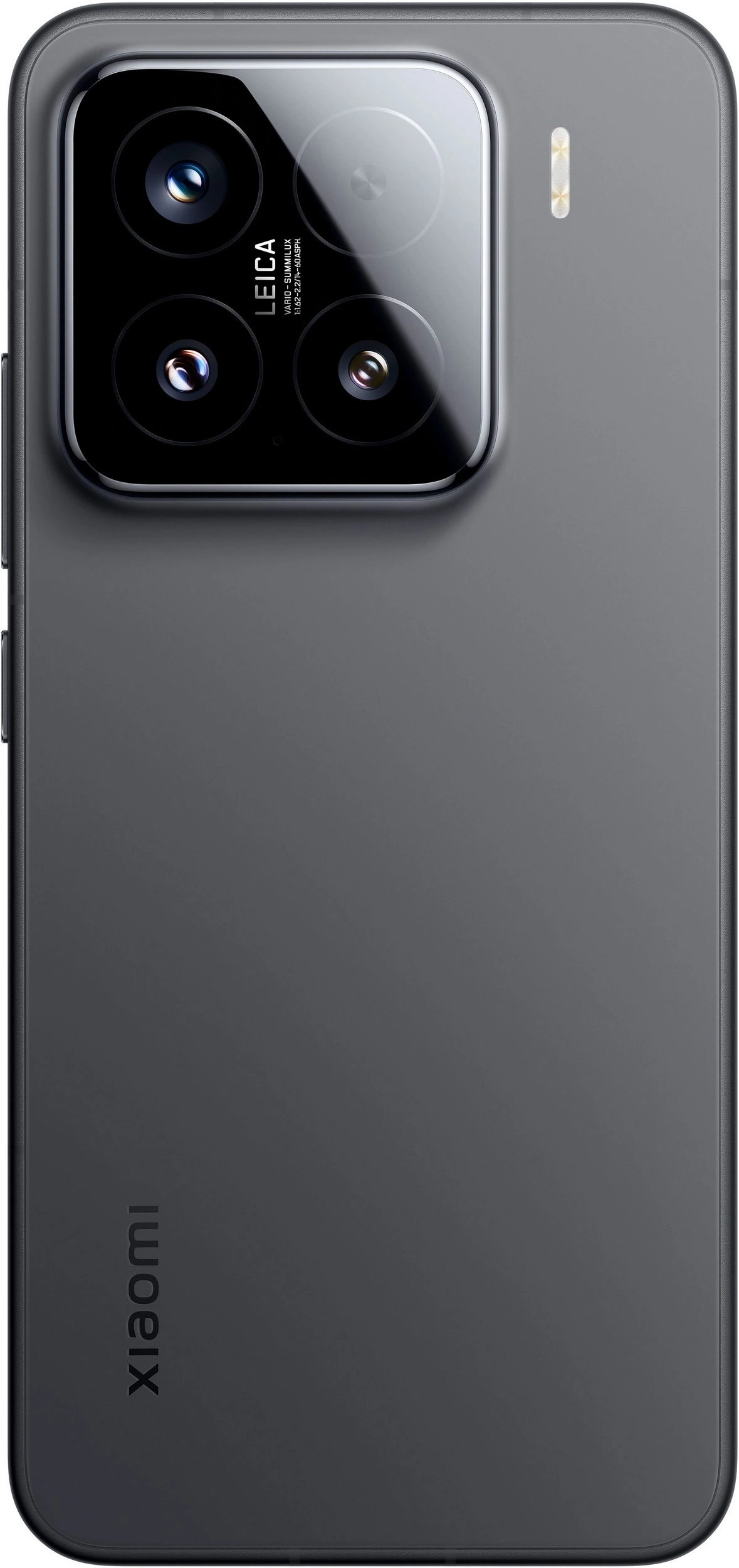 Ein dunkles Smartphone mit drei Kameras und Leica-Logo auf der Rückseite.