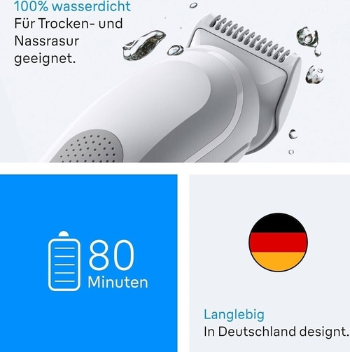 Rasierer, wasserdicht, 80 Minuten Akku, langlebig, in Deutschland designt.