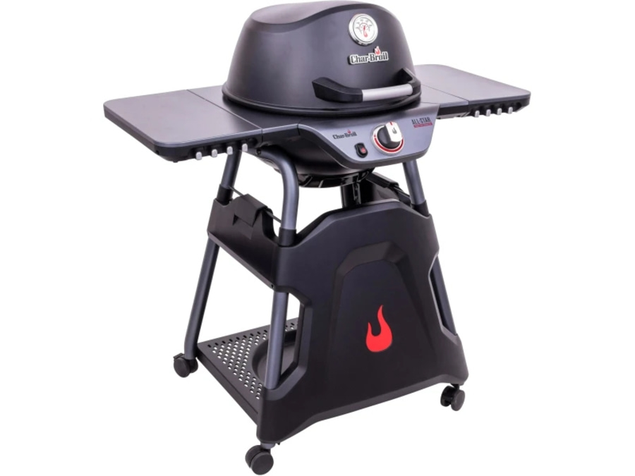 Schwarzer Grill mit Seitenablagen und Rädern, Char-Broil All-Star.