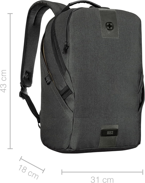 Schwarzer Rucksack mit den Maßen 43 x 31 x 18 cm, mit Logo und Jahr 1893.