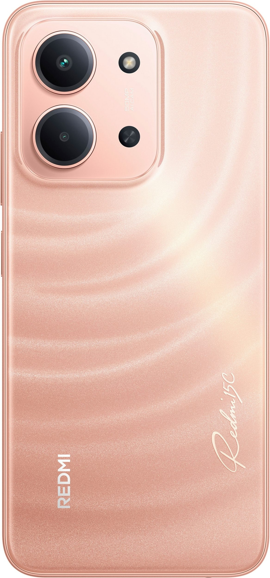 Rückseite eines rosa Smartphones mit zwei Kameras und dem Schriftzug Redmi 15C.