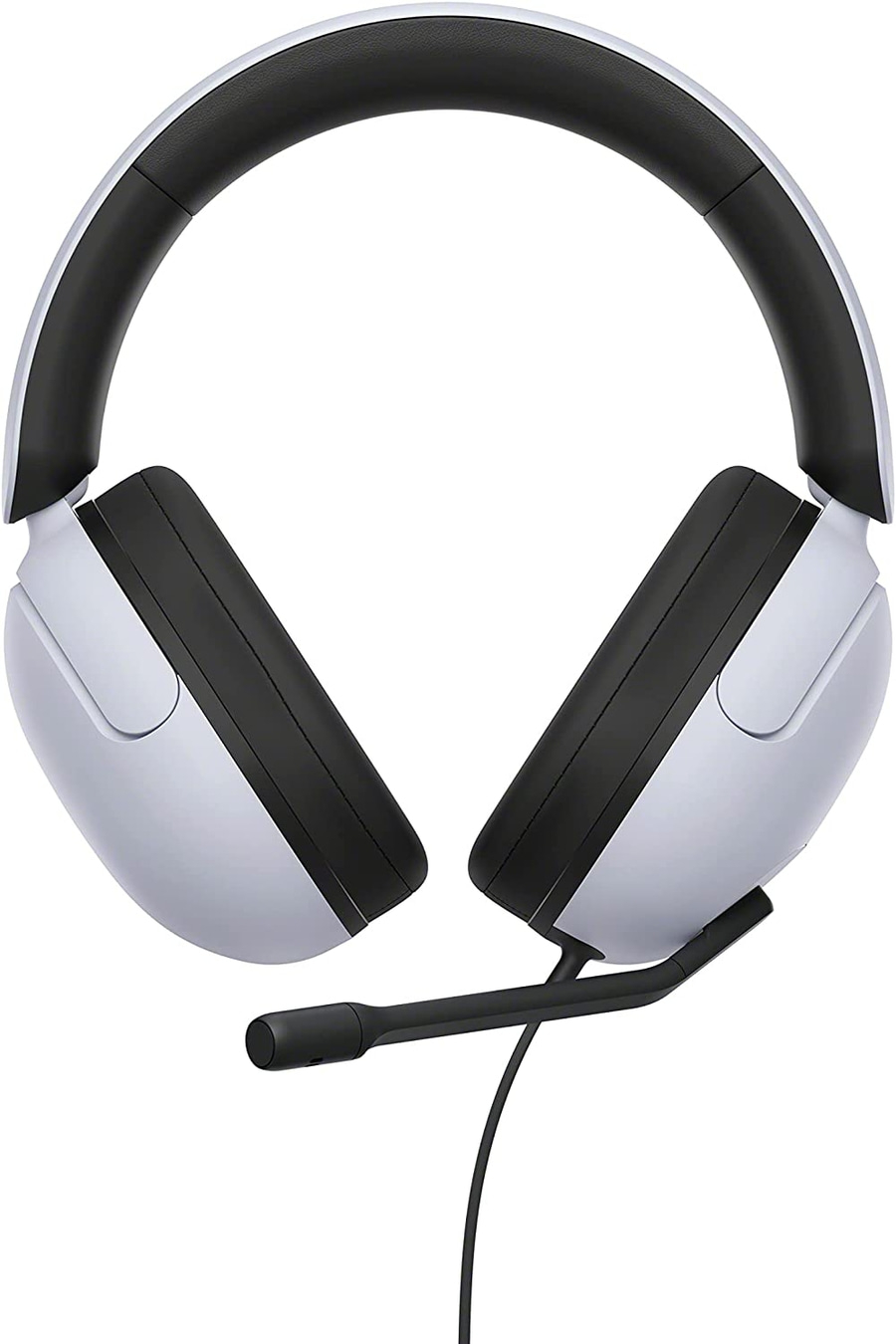 Weißes Headset mit schwarzem Bügel und Mikrofon, Nahaufnahme