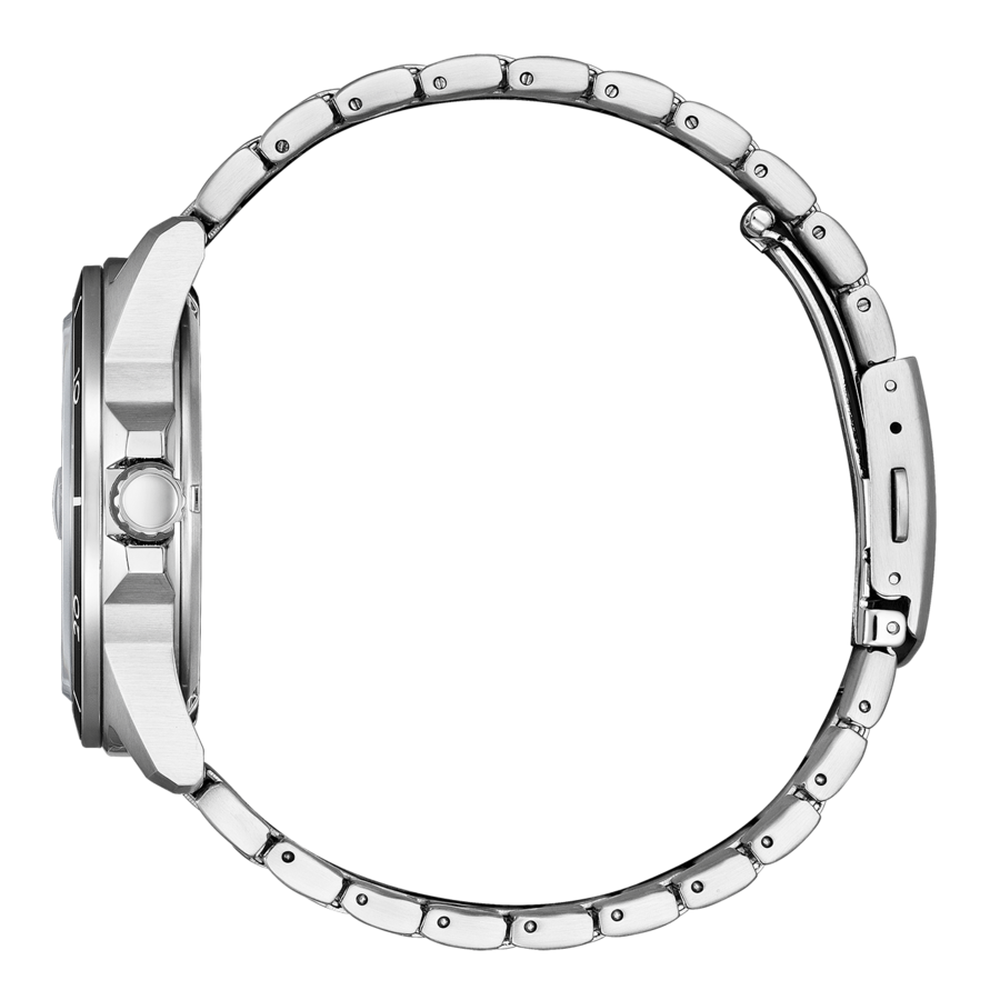 Uhr mit silbernem Armband, Seitenansicht, Detailaufnahme, isoliert auf weißem Hintergrund