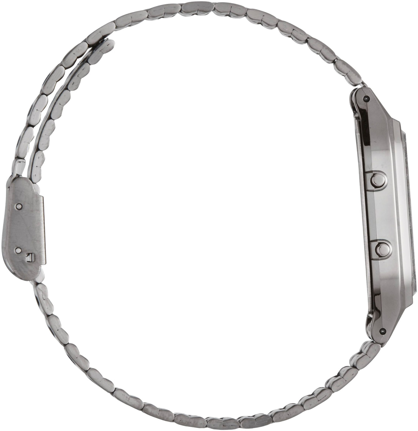 Uhr mit Metallarmband, Seitenansicht, silberfarben, Detailaufnahme, Nahaufnahme, isoliert