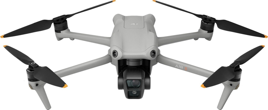 Drohne mit schwarzen Propellern und orangefarbenen Spitzen, grauer Körper, AIR 3