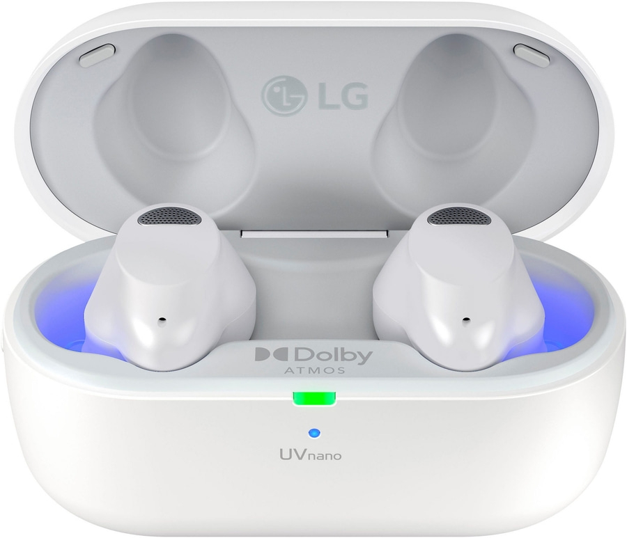Weißes Ladecase mit Kopfhörern, LG-Logo, Dolby Atmos und UVnano-Technologie.