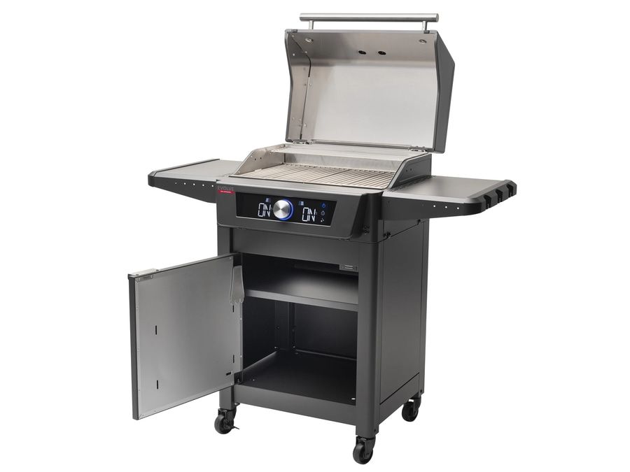 Schwarzer Grill mit geöffnetem Deckel und Tür, bereit zum Grillen im Freien.