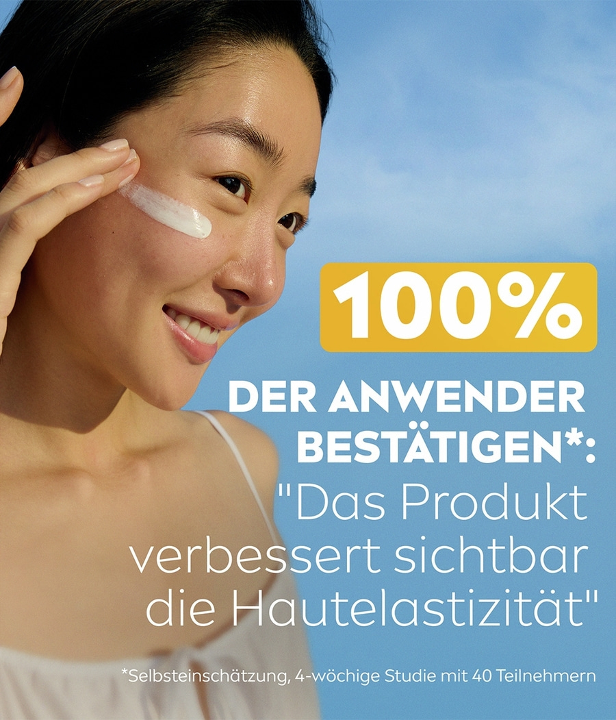 Junge Frau trägt Sonnencreme auf, 100% bestätigen sichtbare Elastizität