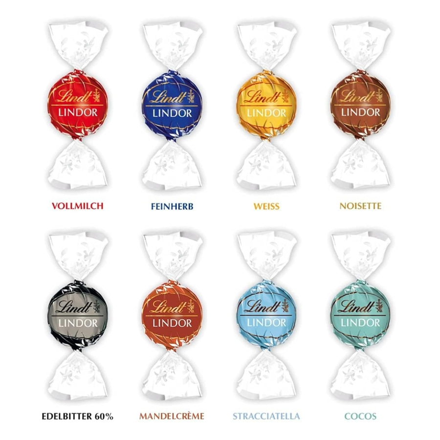 Lindt Lindor Kugeln in verschiedenen Geschmacksrichtungen und Farben.