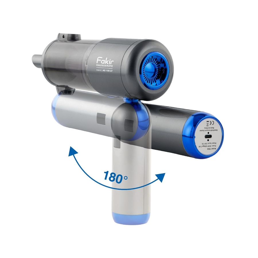 Ein grauer Fakir Handstaubsauger mit blauen Akzenten dreht sich um 180 Grad.
