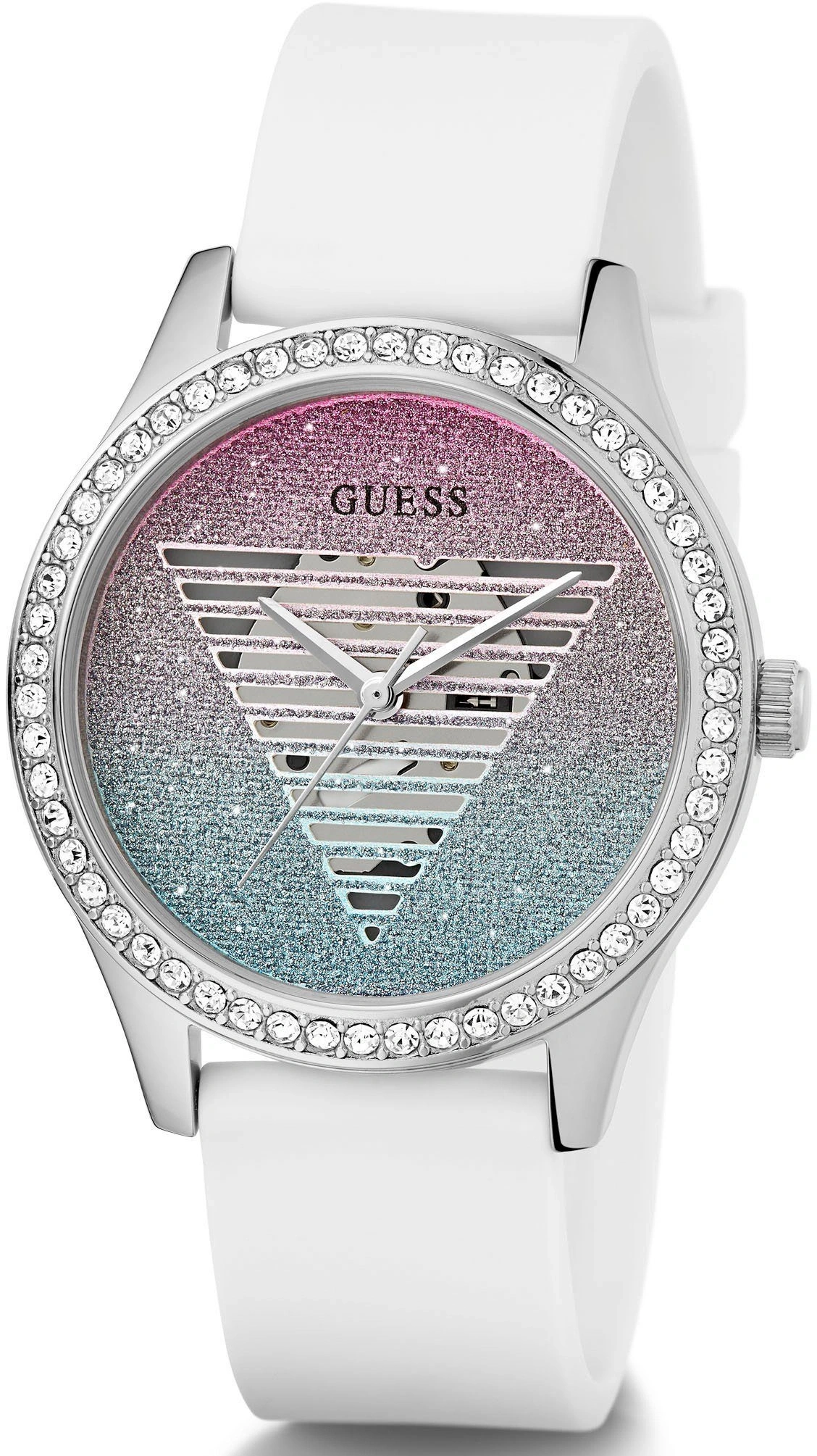 Eine weiße Armbanduhr mit glitzerndem Zifferblatt und Strasssteinen