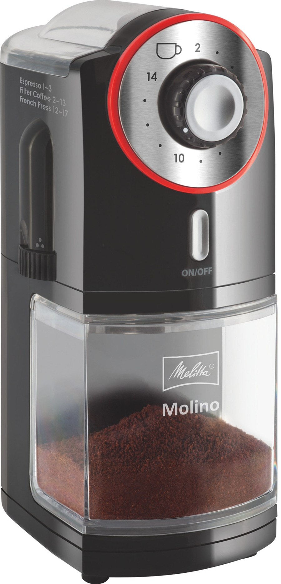 MELITTA Kaffeemühle Molino Schwarz-Rot 100W 17 Mahlgradeinstellungen 200g