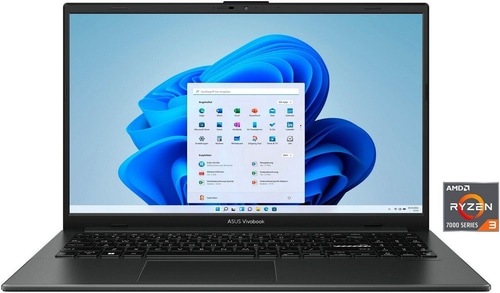 Laptop mit Windows-Oberfläche, Suchleiste und AMD Ryzen 3-Logo.