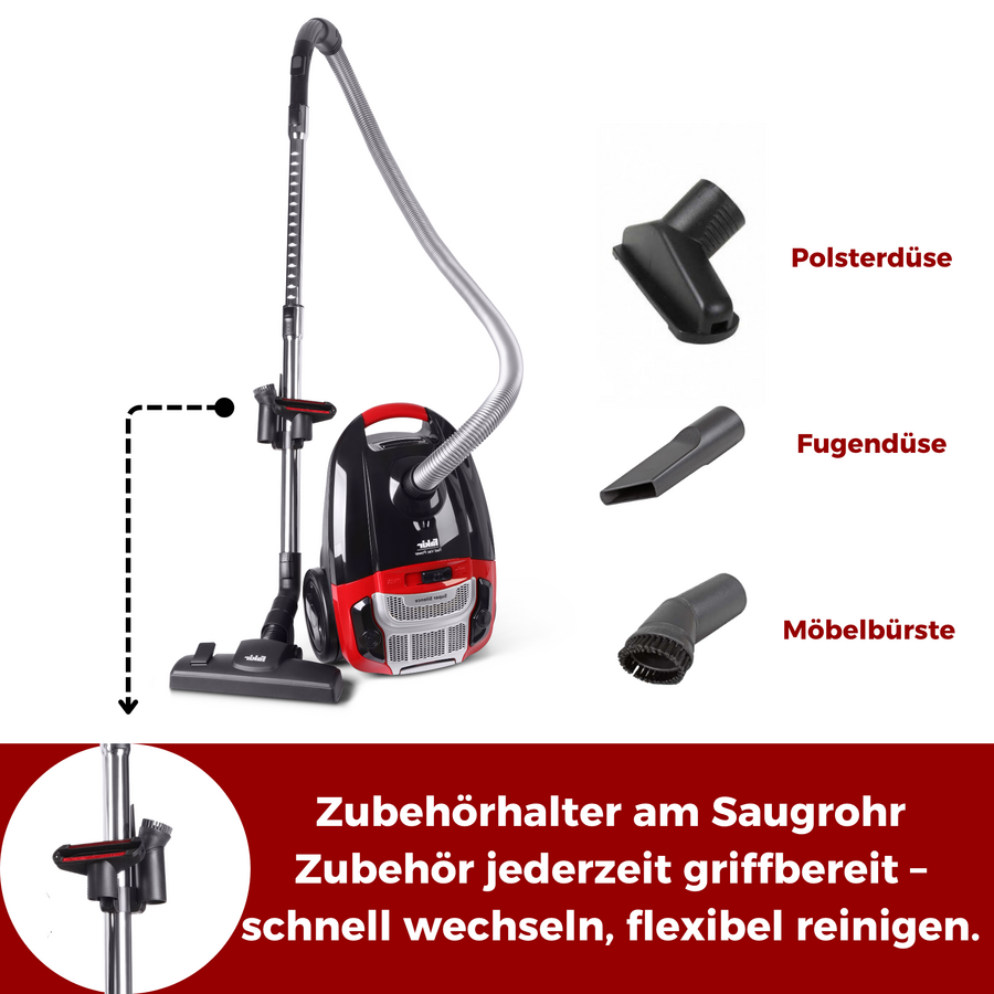 Staubsauger mit Zubehörhalter am Saugrohr, schnell wechseln, flexibel reinigen.