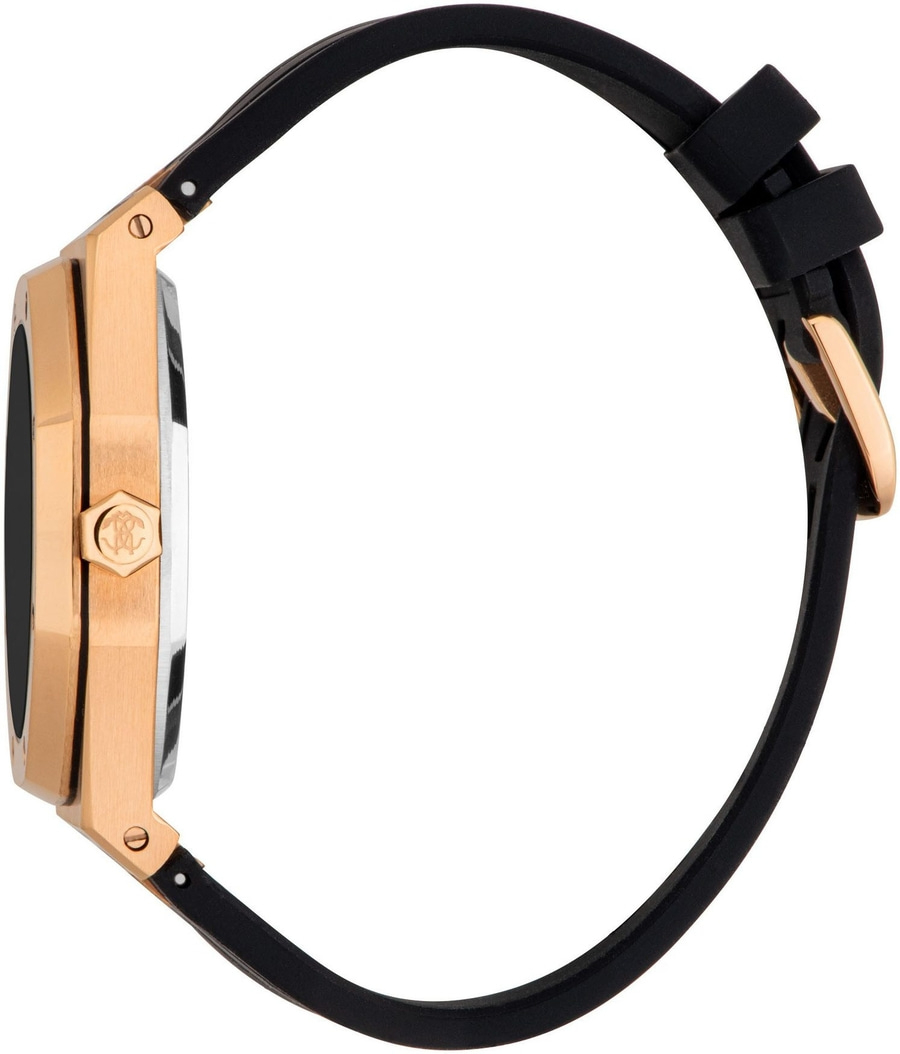 Eine Uhr mit goldenem Gehäuse und schwarzem Armband