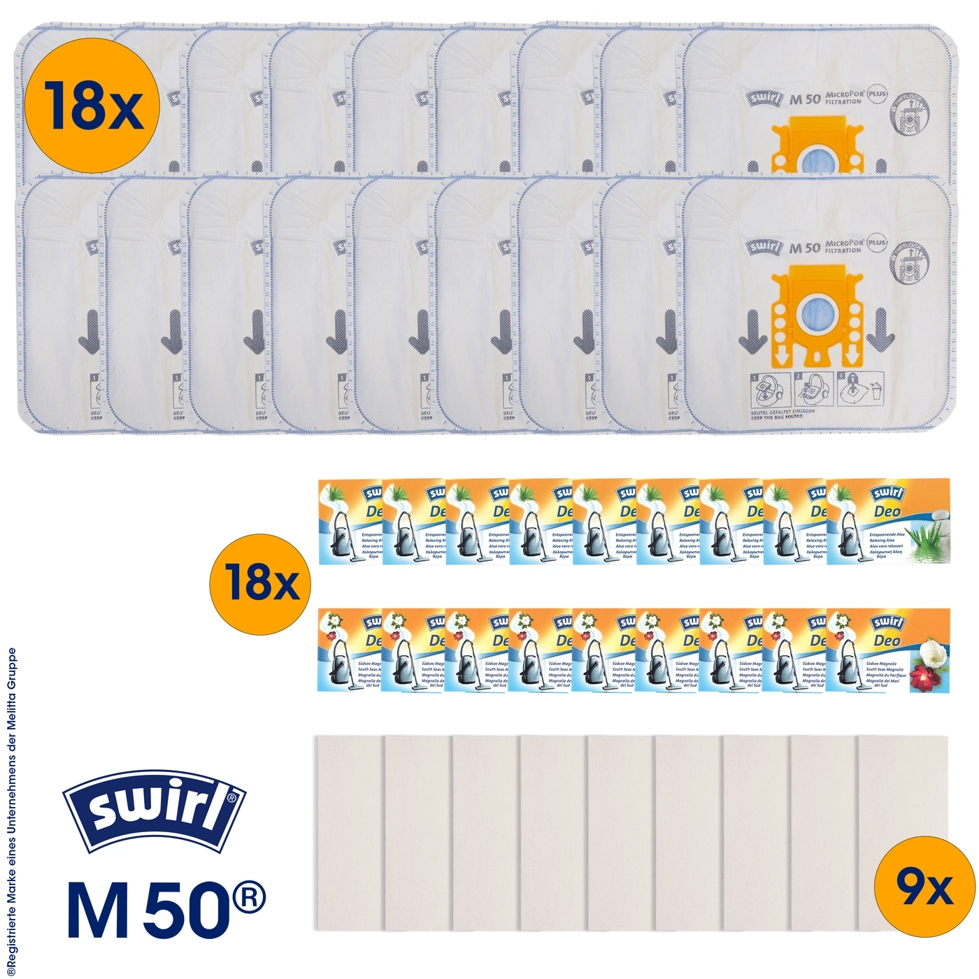 Staubsaugerbeutel-Set mit 18 Beuteln, 18 Deo-Pads und 9 Filterplatten.