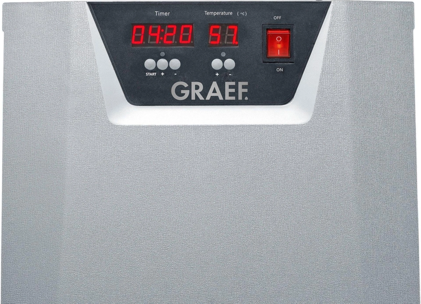 Graef Gerät mit Timer, Temperaturanzeige und Ein-/Ausschalter.