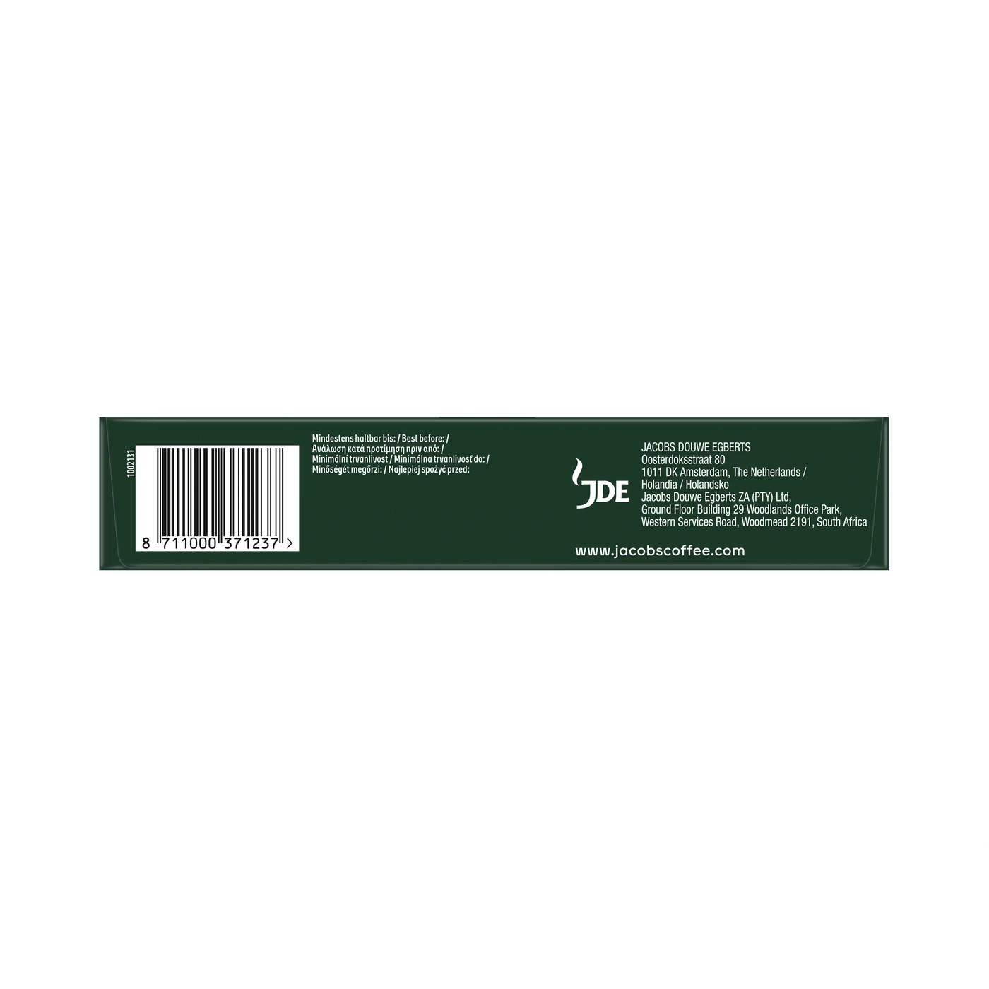Produktinformationen auf dunklem Hintergrund mit Barcode und Firmenadresse