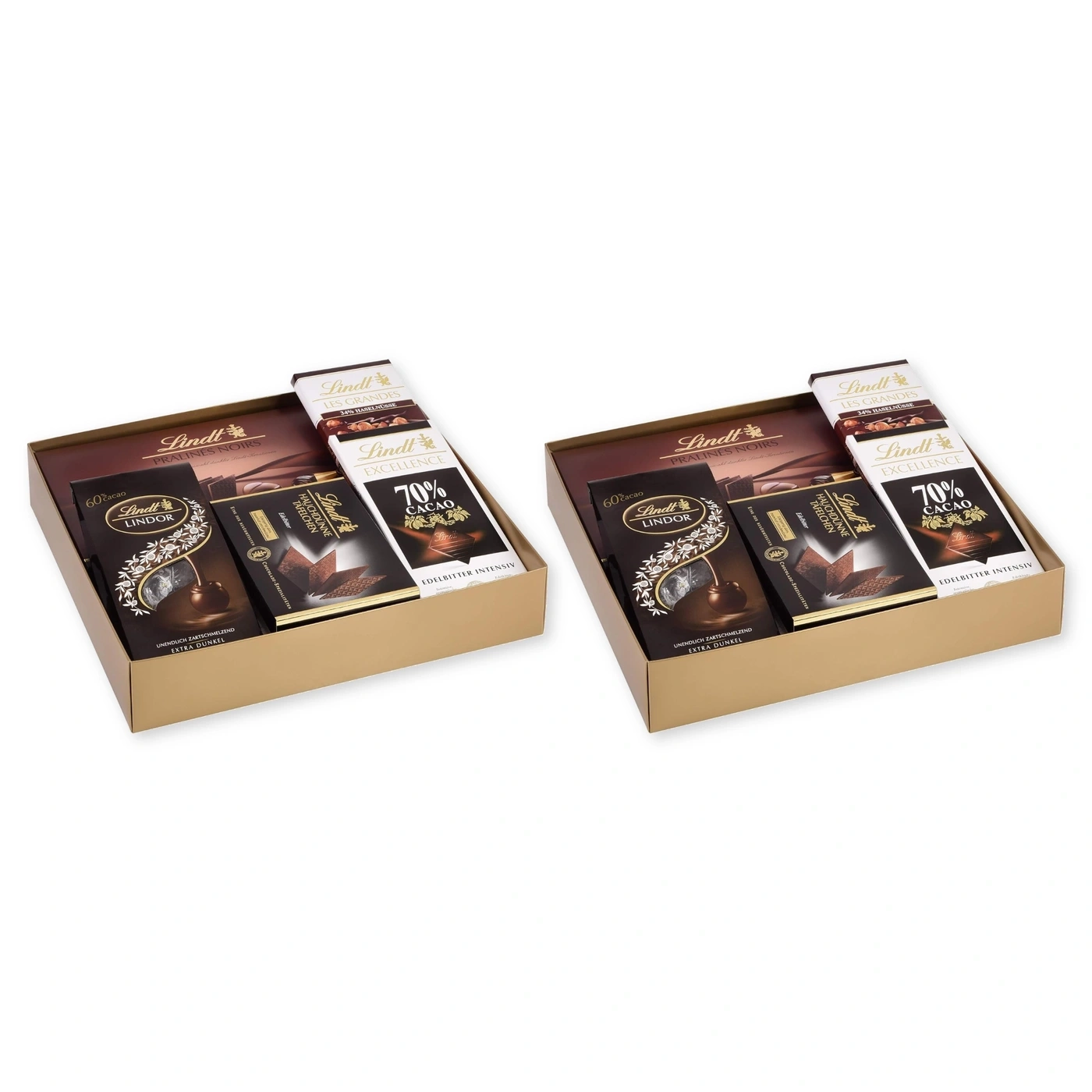 Zwei goldene Geschenkboxen mit Lindt Schokoladen, eine links und eine rechts.