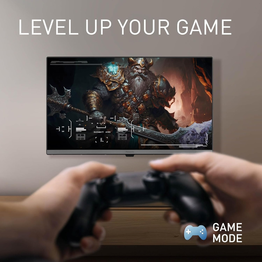 Spielkonsole mit Spielbildschirm und Game-Modus-Anzeige. Level Up Your Game.