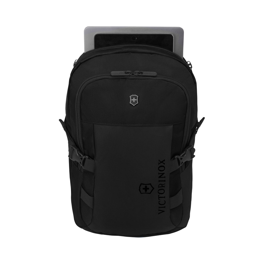 Schwarzer Rucksack mit Tablet, Victorinox-Logo, Reißverschluss, Tragegurte, Schultergurte, Outdoor-Ausrüstung
