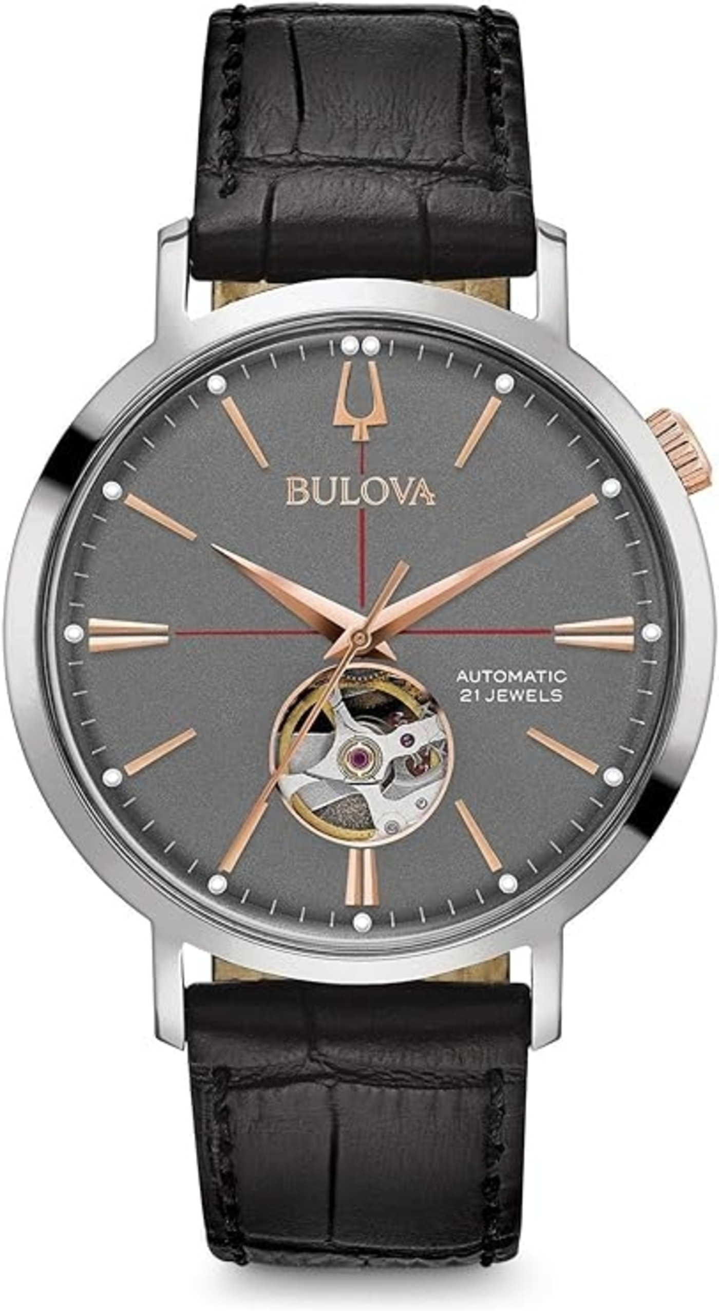Bulova Herrenuhr mit Lederarmband und grauem Zifferblatt, Automatikwerk