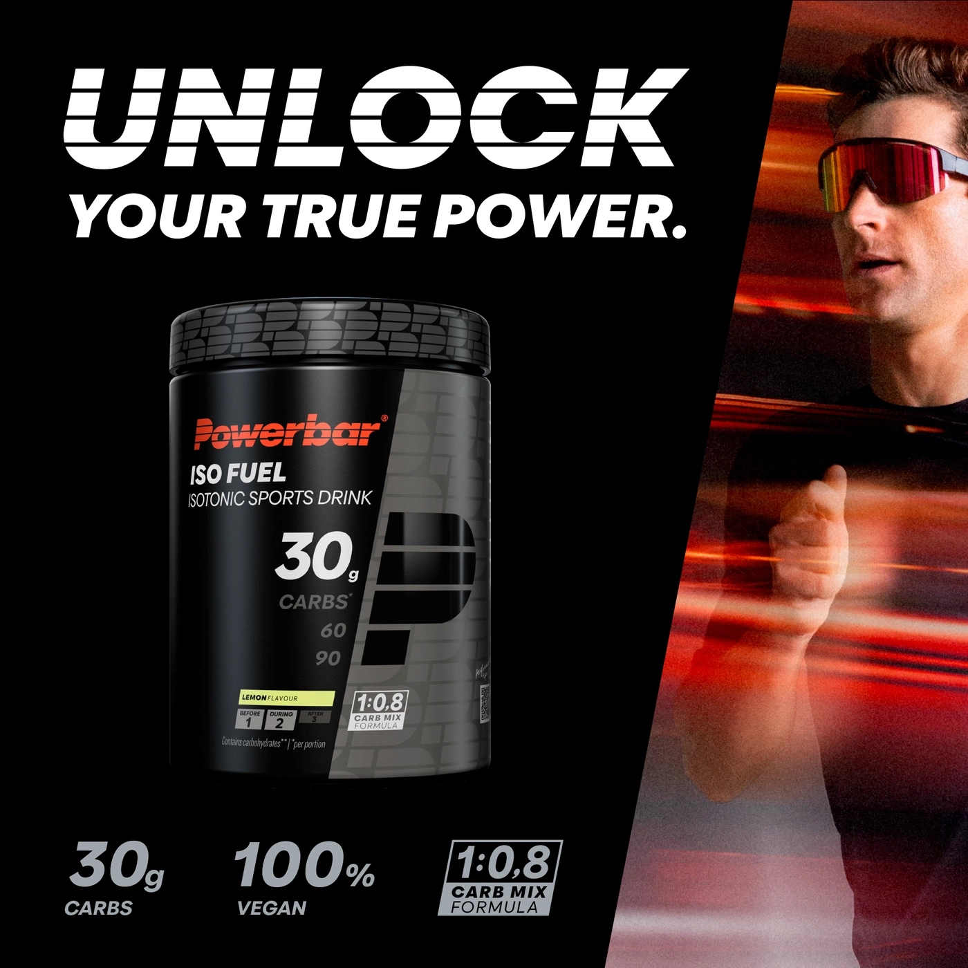 Ein Sportler mit Sonnenbrille läuft, trinkt Powerbar ISO FUEL für Energie