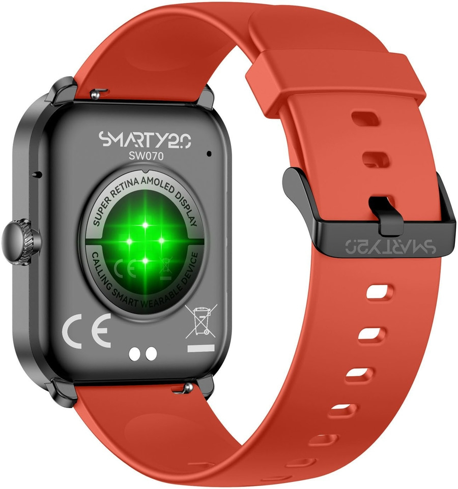 Rote Smartwatch mit schwarzem Verschluss und Details auf dem Gehäuse.