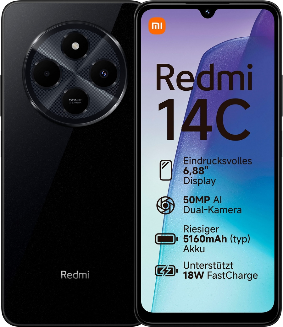 Schwarzes Redmi 14C Smartphone mit 50MP Dual-Kamera, 6,88" Display und 5160mAh Akku.