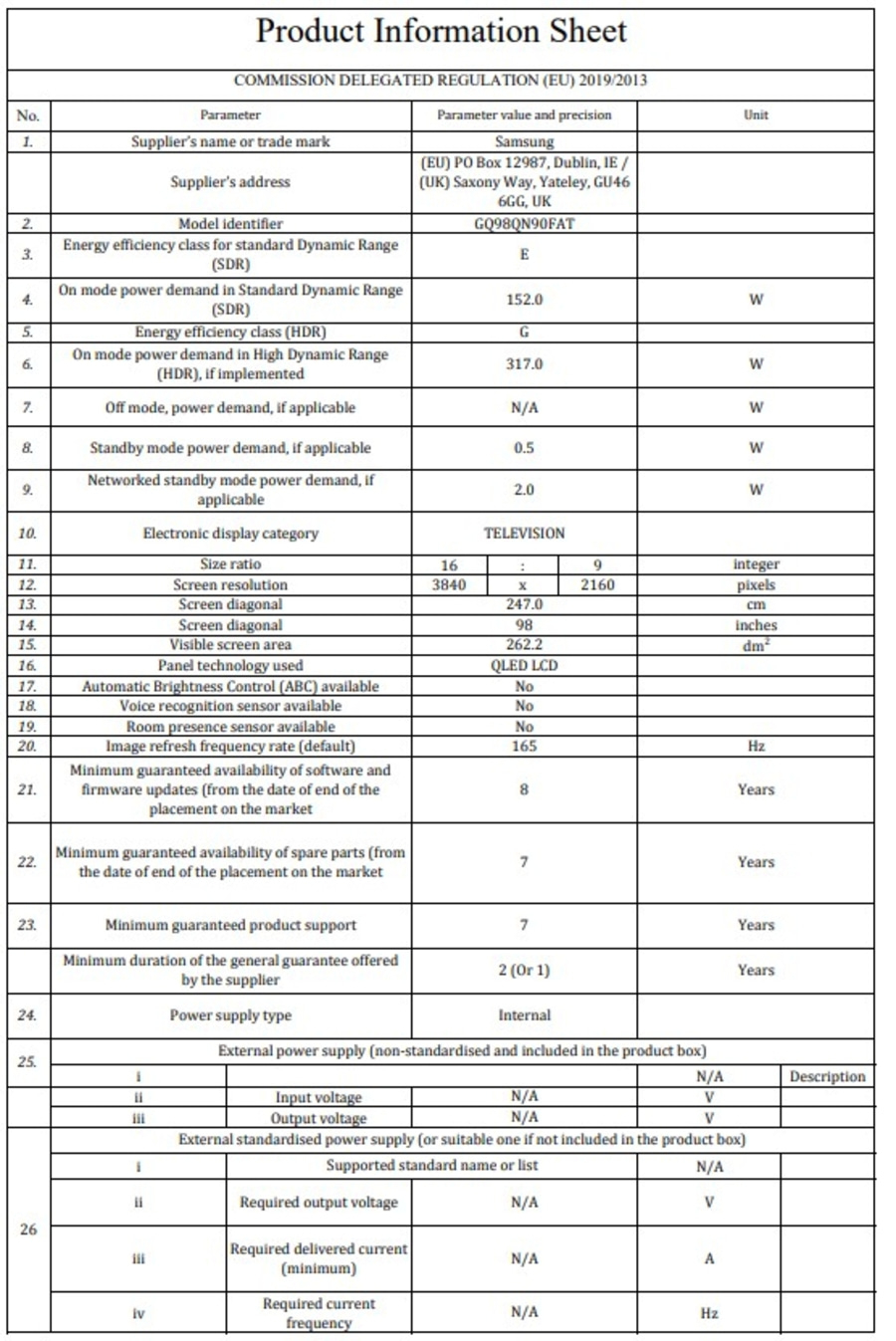 Produktinformationsblatt für einen Samsung Fernseher gemäß EU-Verordnung 2019/2013 mit Energieeffizienz-, Stromversorgungs- und Garantiedetails.