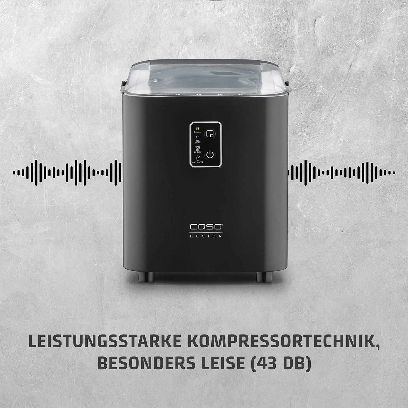 Schwarzer Eiswürfelbereiter mit Kompressor, leise mit Lautstärkeanzeige.