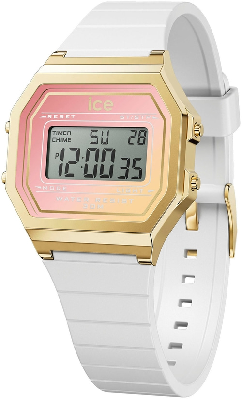 Goldene Ice Watch mit weißem Armband, digitaler Anzeige und rosa Hintergrund.