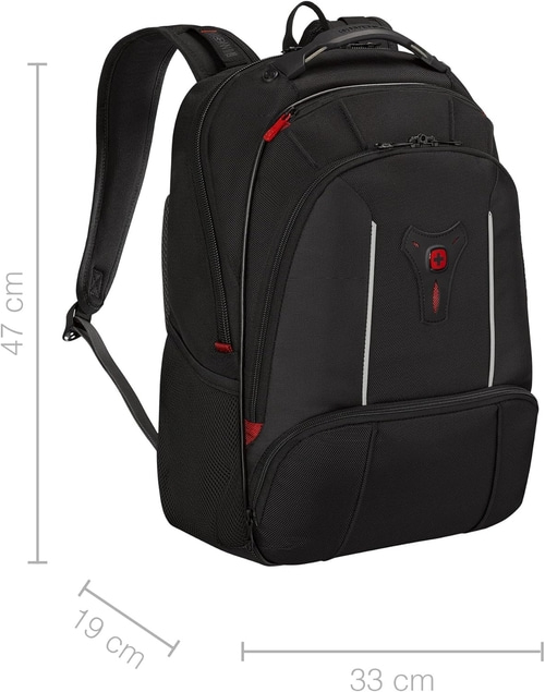 Schwarzer Rucksack mit roten Akzenten, 47 cm hoch, 19 cm breit, 33 cm lang.