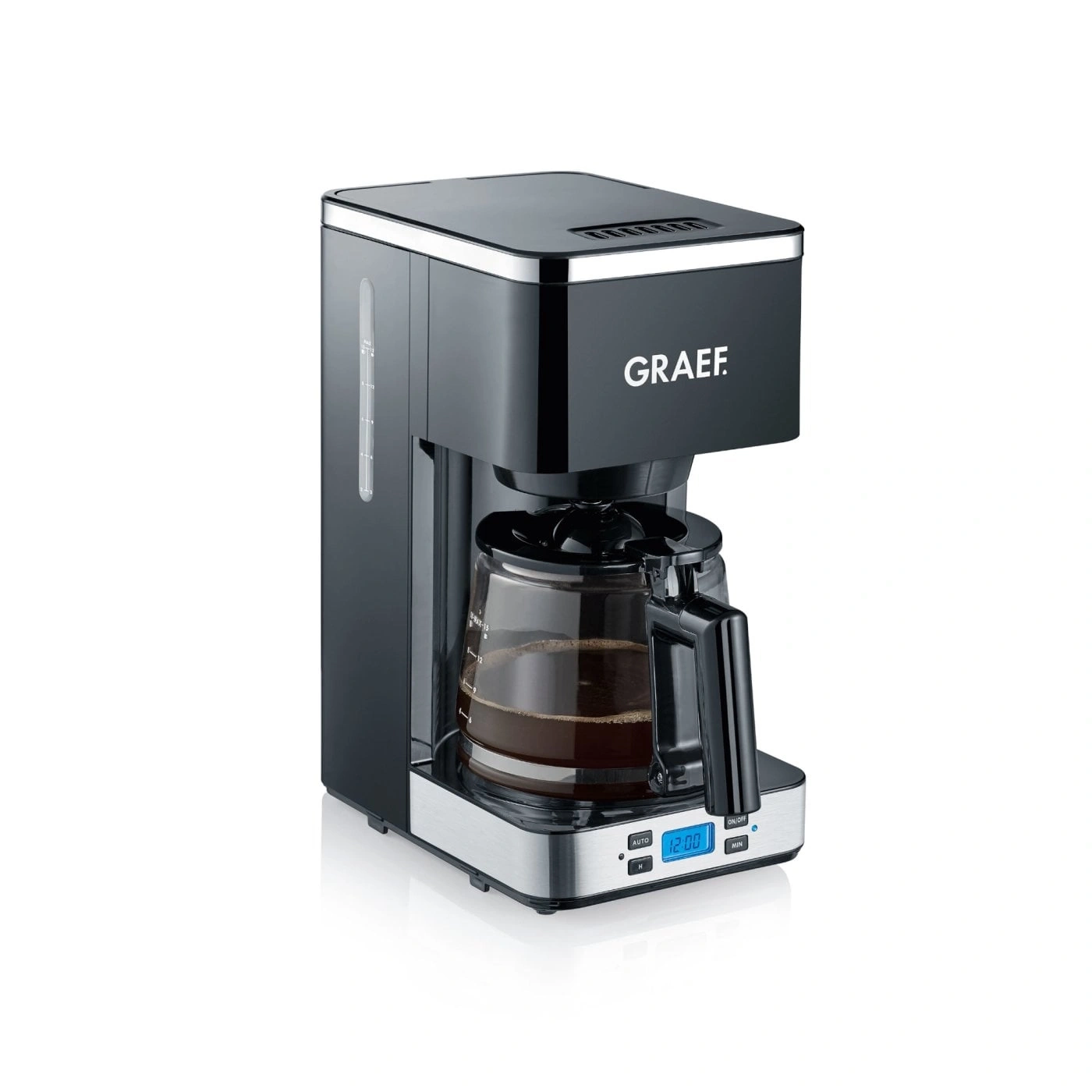 Schwarze Kaffeemaschine mit Glaskanne und digitaler Anzeige, Marke GRAEF.