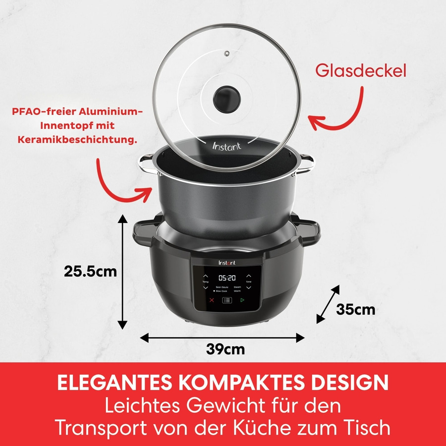 Instant Pot mit Glasdeckel, 25.5cm hoch, 39cm breit, elegantes Design, Keramikbeschichtung.