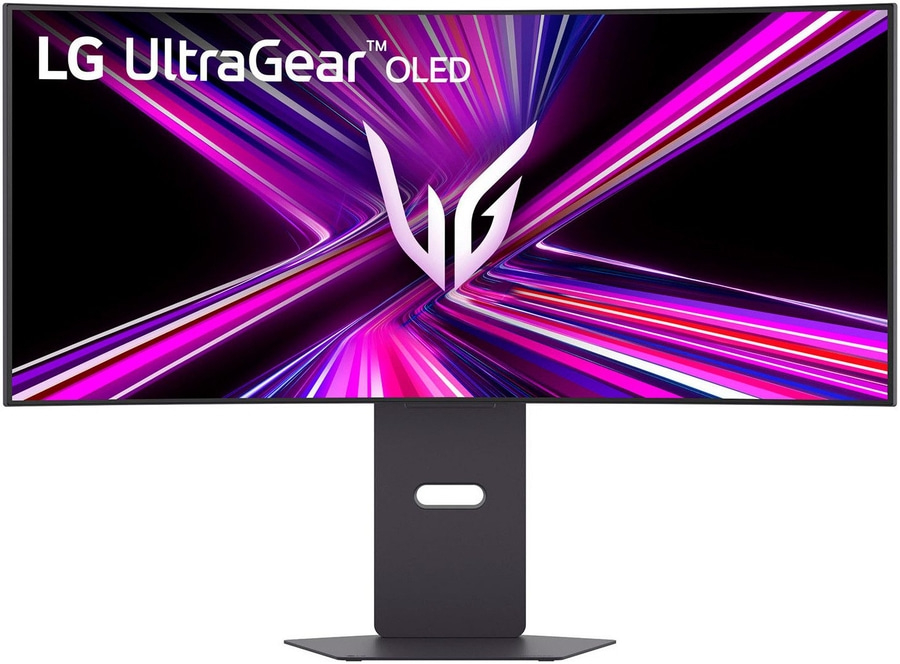 LG UltraGear OLED Monitor mit elegantem Design und dynamischem Hintergrund.