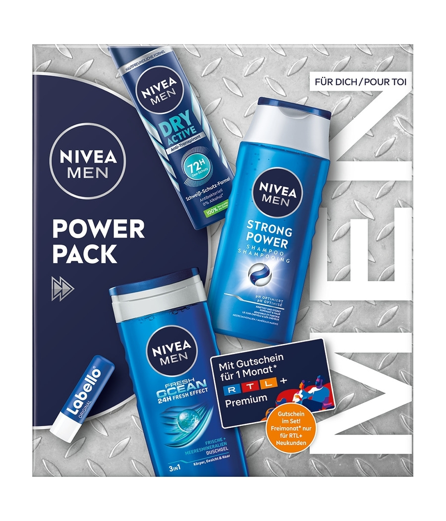NIVEA MEN Power Pack, 2 x Geschenkset, Pflegedusche Deo Spray Shampoo Labello